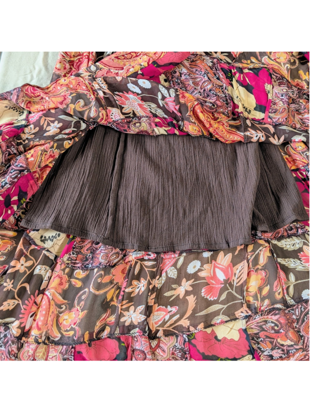 Boho Patchwork Maxi Skirt Sheer Tiered Patchwork Floral Sheet Festival India OS - Picture 10 of 11